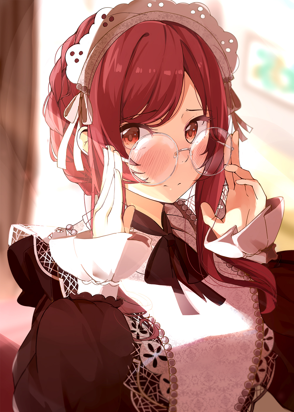 1girl adjusting_eyewear alternate_costume apron blush braid brown_eyes brown_hair closed_mouth crown_braid embarrassed enmaided frilled_apron frills glasses highres idolmaster idolmaster_shiny_colors juliet_sleeves lace-trimmed_apron lace_trim light_rays long_hair long_sleeves looking_at_viewer maid maid_headdress nira_(vira) oosaki_amana puffy_sleeves redhead round_eyewear smile solo sunbeam sunlight sunset upper_body victorian_maid white_apron