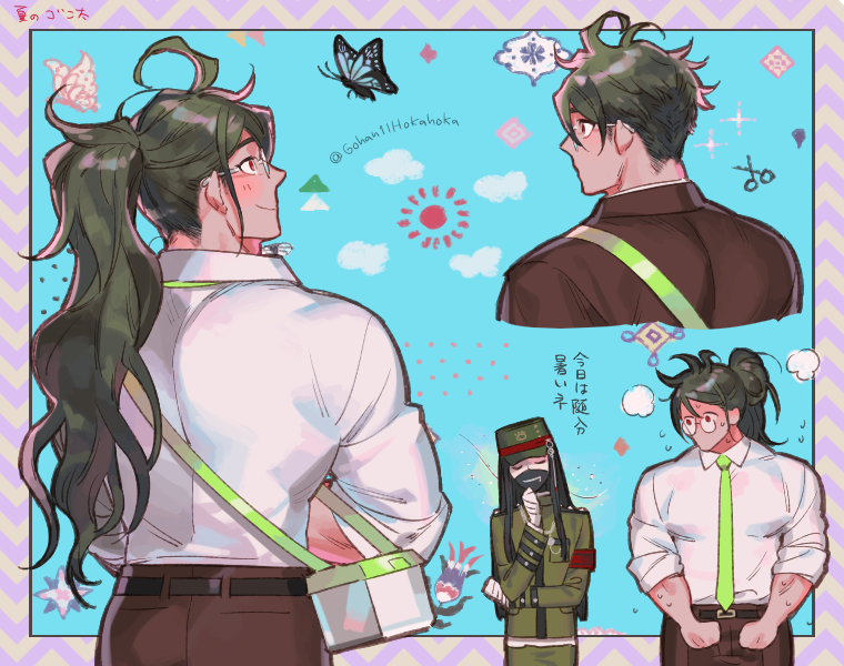 2boys alternate_hairstyle armband back bandaged_arm bandaged_hands bandages belt brown_pants bug butterfly commentary_request cowboy_shot dangan_ronpa_(series) dangan_ronpa_3_(anime) glasses gokuhara_gonta green_headwear green_neckwear hat insect long_hair long_sleeves looking_at_another male_focus mask multiple_boys pants ponytail red_eyes sara_(kurome1127) school_uniform shinguuji_korekiyo shirt sun sweatdrop translation_request twitter_username white_shirt