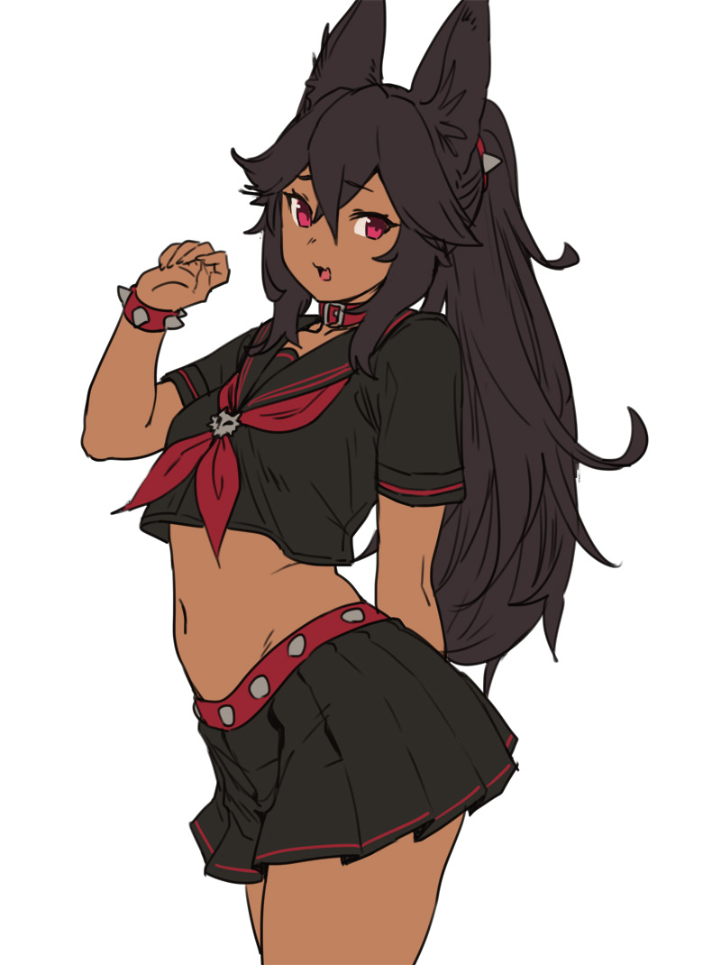 1girl :d animal_collar animal_ears bangs belt_collar black_sailor_collar black_shirt black_skirt bracelet breasts cerberus_(houtengeki) collar cropped_shirt crossed_bangs dark_skin dark-skinned_female eyebrows_visible_through_hair hair_between_eyes hand_up houtengeki jewelry long_hair looking_at_viewer miniskirt navel open_mouth original pleated_skirt ponytail red_eyes sailor_collar school_uniform serafuku shirt short_sleeves simple_background skirt small_breasts smile solo spiked_bracelet spikes white_background wolf_ears