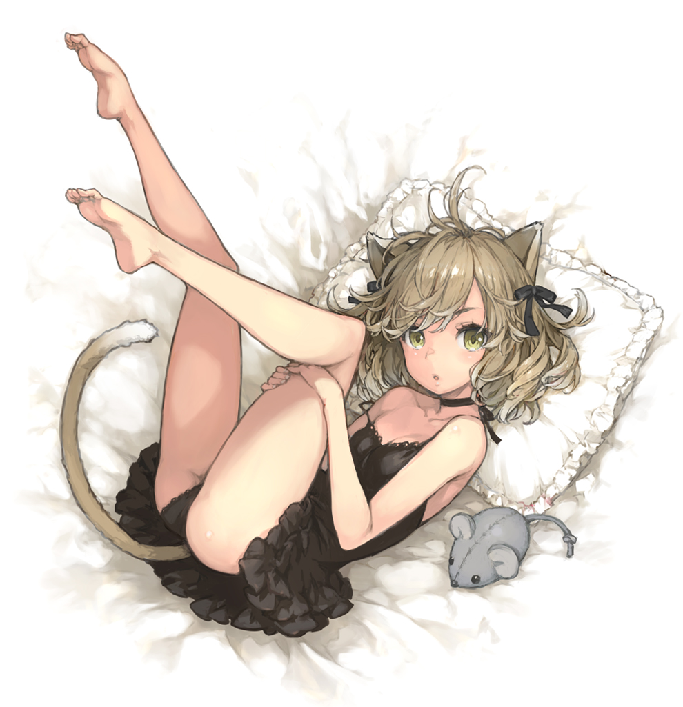 1girl ahoge animal_ears ass bare_legs bare_shoulders barefoot bed_sheet black_choker black_dress black_panties breasts cat_ears cat_girl cat_tail choker dress from_above green_eyes leg_hug legs_up light_brown_hair long_hair looking_at_viewer lying morisawa_haruyuki on_back on_bed open_mouth original panties pantyshot pillow small_breasts soles solo stuffed_animal stuffed_mouse stuffed_toy tail toes two_side_up underwear