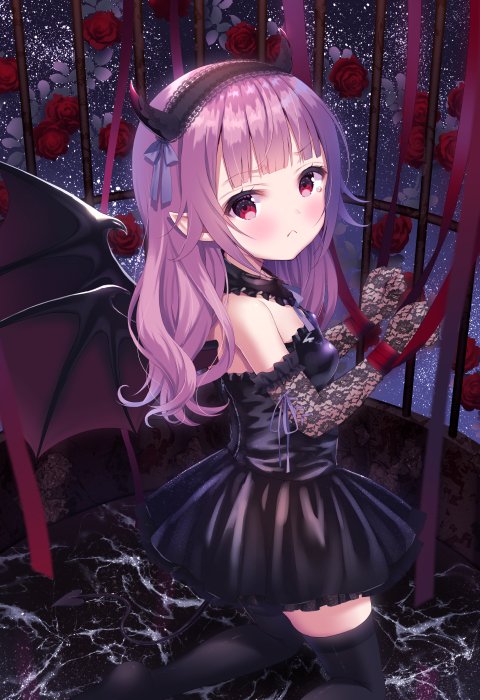 1girl bangs bare_shoulders birdcage black_dress black_hairband black_legwear blue_bow blush bow breasts cage chitosezaka_suzu commentary_request demon_girl demon_horns demon_wings dress elbow_gloves eyebrows_visible_through_hair flower frilled_dress frills from_side gloves hairband horns kneeling lace-trimmed_hairband lace_trim long_hair looking_at_viewer looking_to_the_side no_shoes original pleated_dress pointy_ears purple_hair red_eyes red_flower red_rose red_wings rose see-through small_breasts solo strapless strapless_dress thigh-highs wings
