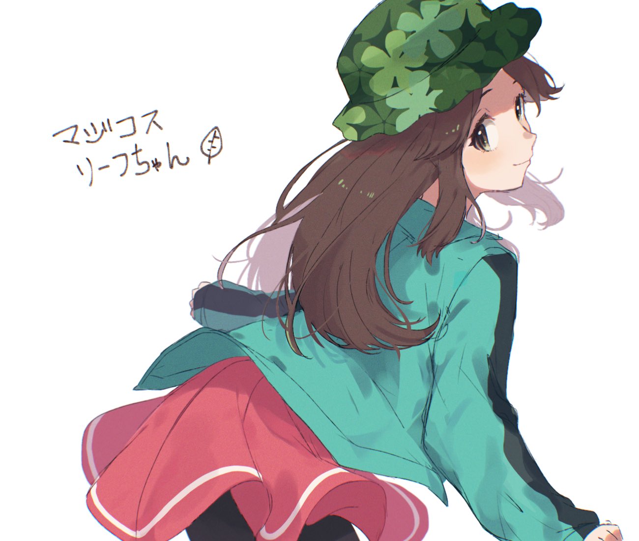 1girl bike_shorts blush brown_hair closed_mouth commentary_request dress eyelashes green_headwear green_jacket hat jacket leaf_(pokemon) long_hair long_sleeves looking_at_viewer looking_back pink_dress pokemon pokemon_(game) pokemon_masters_ex posunke simple_background sketch smile solo translation_request white_background