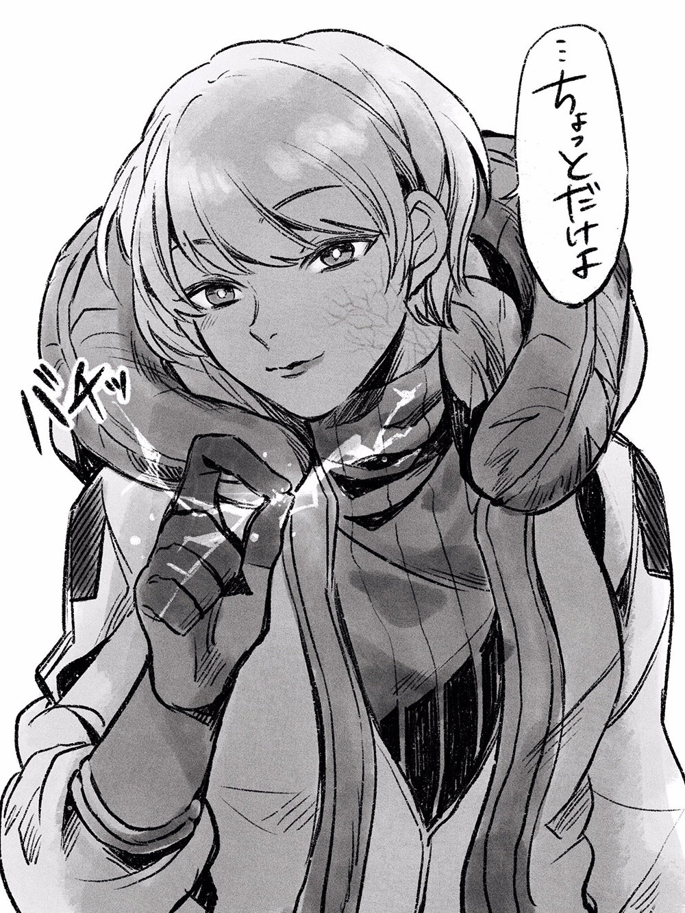 1girl apex_legends bangs bodysuit bright_pupils electricity eyebrows_visible_through_hair fingers_together gloves greyscale head_tilt highres hood hooded_jacket jacket looking_at_viewer monochrome mozuwaka ribbed_bodysuit short_hair smile solo speech_bubble upper_body wattson_(apex_legends) white_pupils