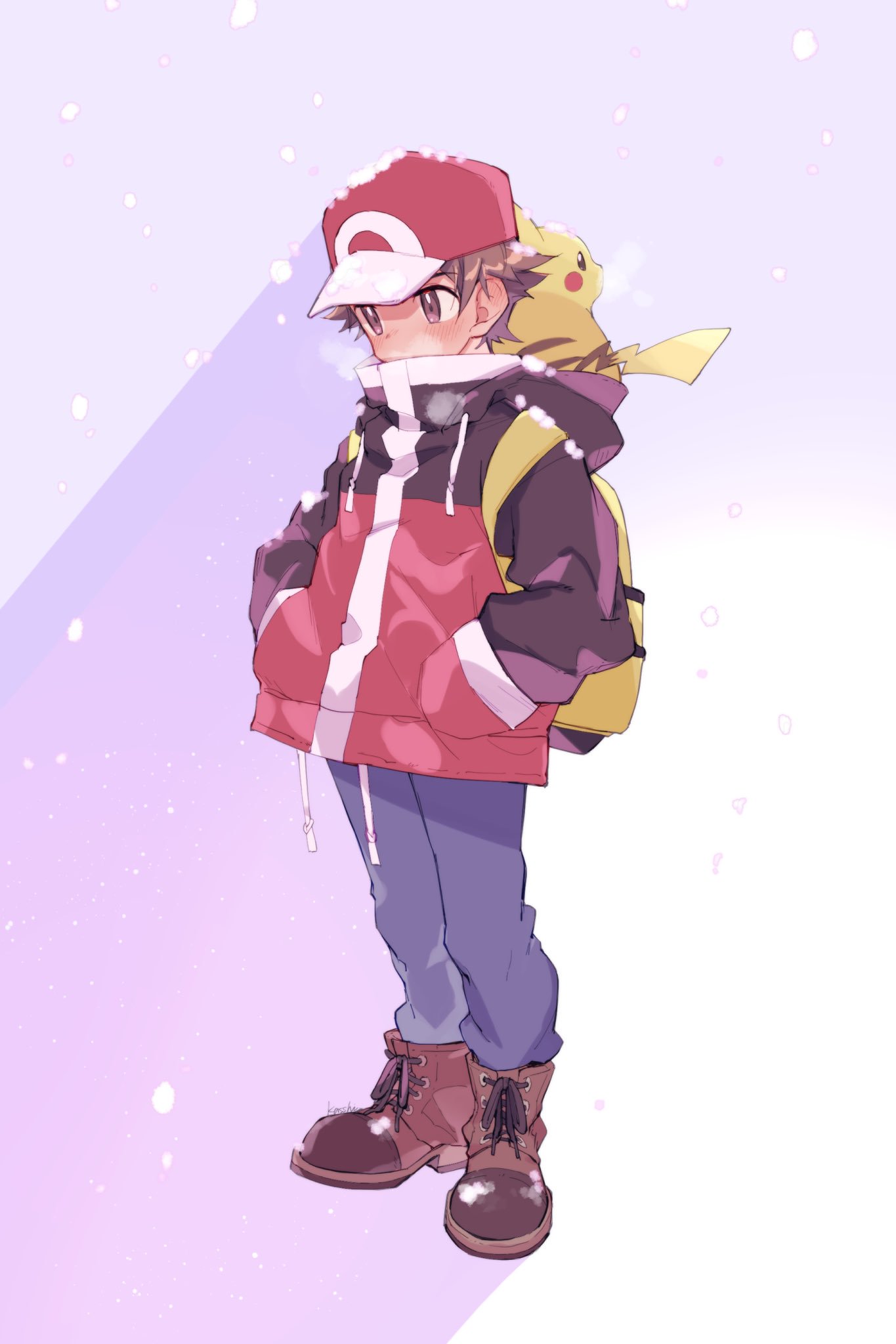 1boy adapted_costume backpack bag baseball_cap boots breath brown_eyes brown_footwear brown_hair coat cold commentary_request gen_1_pokemon hands_in_pockets hat highres kashiwa_(kasshiwa10) legs_together male_focus pants pikachu pokemon pokemon_(creature) pokemon_(game) pokemon_frlg pokemon_on_back red_(pokemon) red_headwear short_hair snowing standing yellow_bag