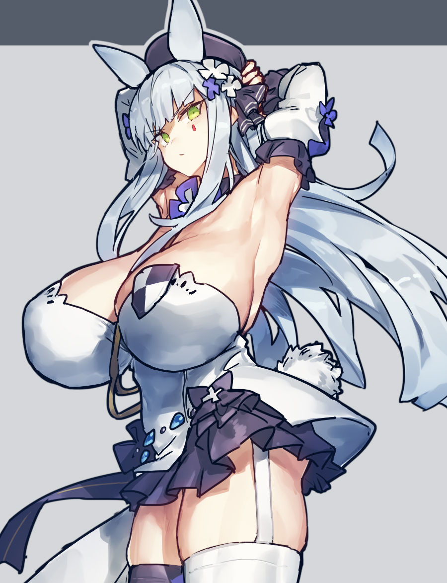 1girl alternate_breast_size animal_ears armpits arms_behind_head arms_up bangs black_ribbon bow breasts bunny_tail closed_mouth cowboy_shot dress eyebrows_visible_through_hair facial_mark flower garter_straps girls_frontline green_eyes grey_hair hair_flower hair_ornament hair_ribbon hat hk416_(girls_frontline) huge_breasts long_hair looking_at_viewer melon22 mismatched_legwear official_alternate_costume purple_flower purple_headwear purple_legwear rabbit_ears ribbon short_dress sidelocks solo standing tail teardrop thigh-highs v-shaped_eyebrows white_dress white_flower white_legwear