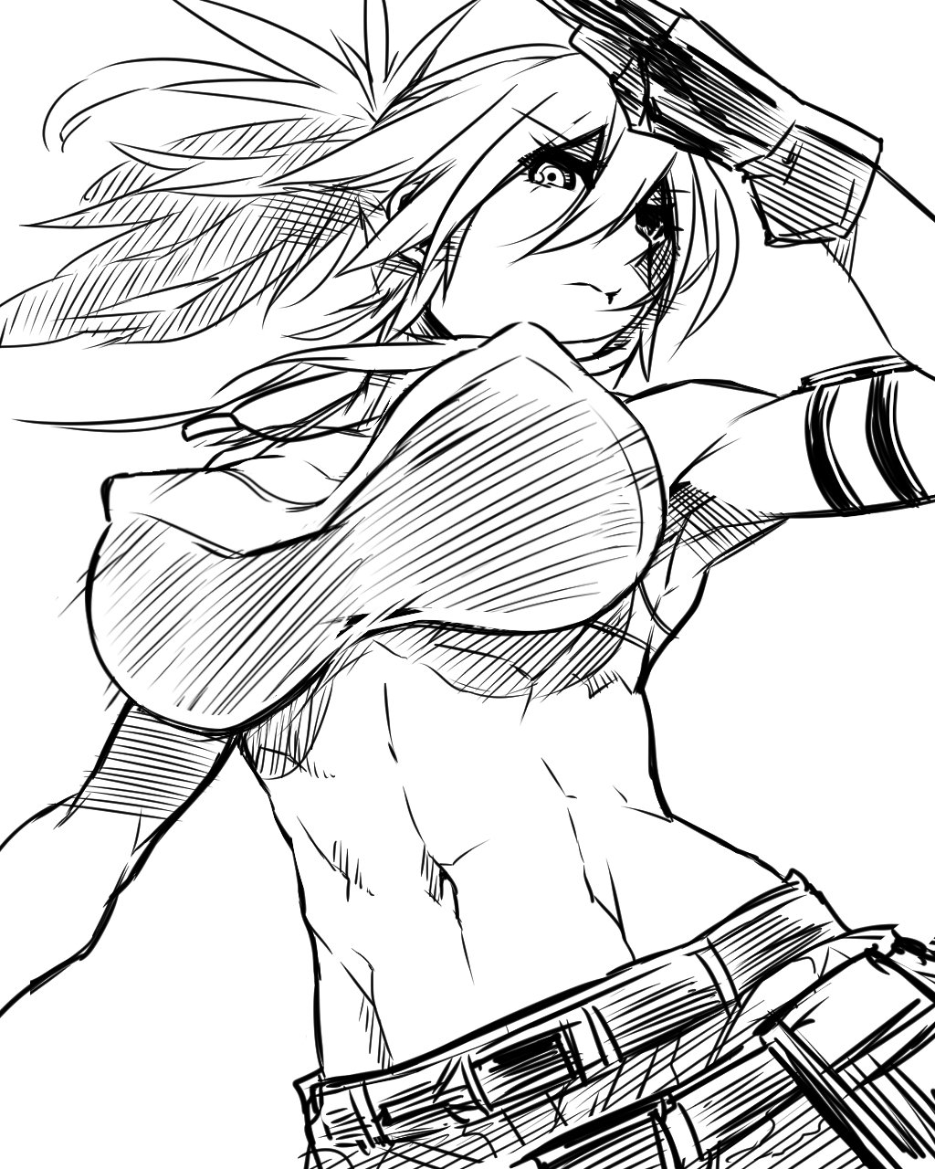 abs bangs bare_shoulders belt breasts covered_nipples dog_tags gloves highres jin_(mugenjin) leona_heidern looking_at_viewer midriff monochrome muscular muscular_female navel ponytail salute sketch tank_top the_king_of_fighters the_king_of_fighters_xiv the_king_of_fighters_xv