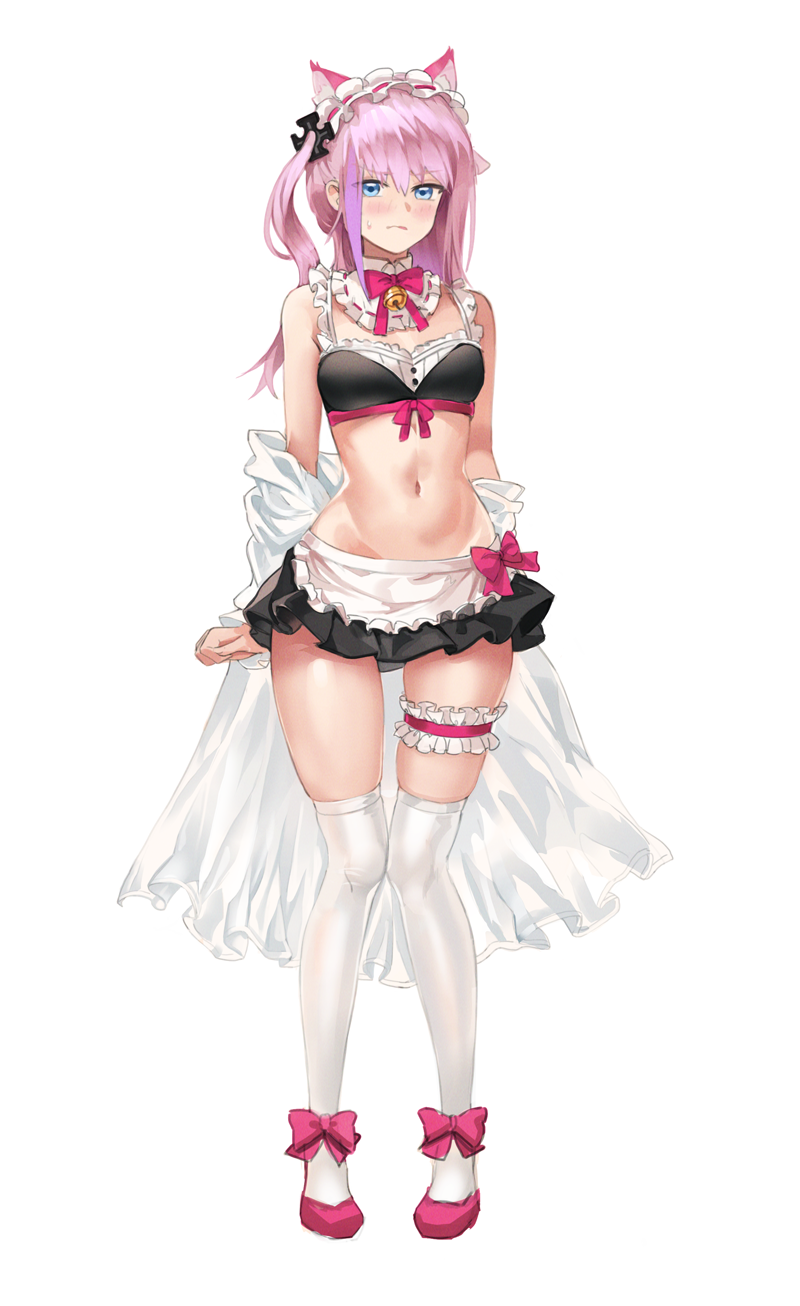 1girl alternate_costume apron bikini bikini_skirt black_bikini blue_eyes breasts dano enmaided frilled_apron frills full_body girls_frontline highres leg_garter maid maid_apron maid_bikini maid_headdress miniskirt multicolored_hair one_side_up over-kneehighs pink_hair purple_hair skirt small_breasts solo st_ar-15_(girls_frontline) standing streaked_hair swimsuit thigh-highs waist_apron white_apron white_legwear