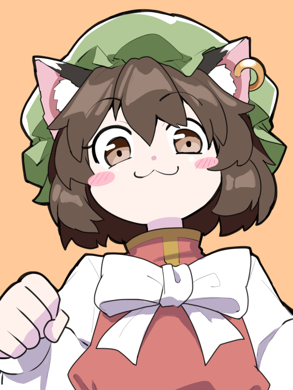 1girl :3 animal_ears berusuke_(beru_no_su) bow bowtie brown_eyes brown_hair cat_ears chen chinese_clothes ear_piercing eyebrows_visible_through_hair from_below green_headwear hat jewelry long_sleeves looking_at_viewer mob_cap piercing red_vest ribbon shirt simple_background single_earring solo touhou upper_body vest white_ribbon white_shirt