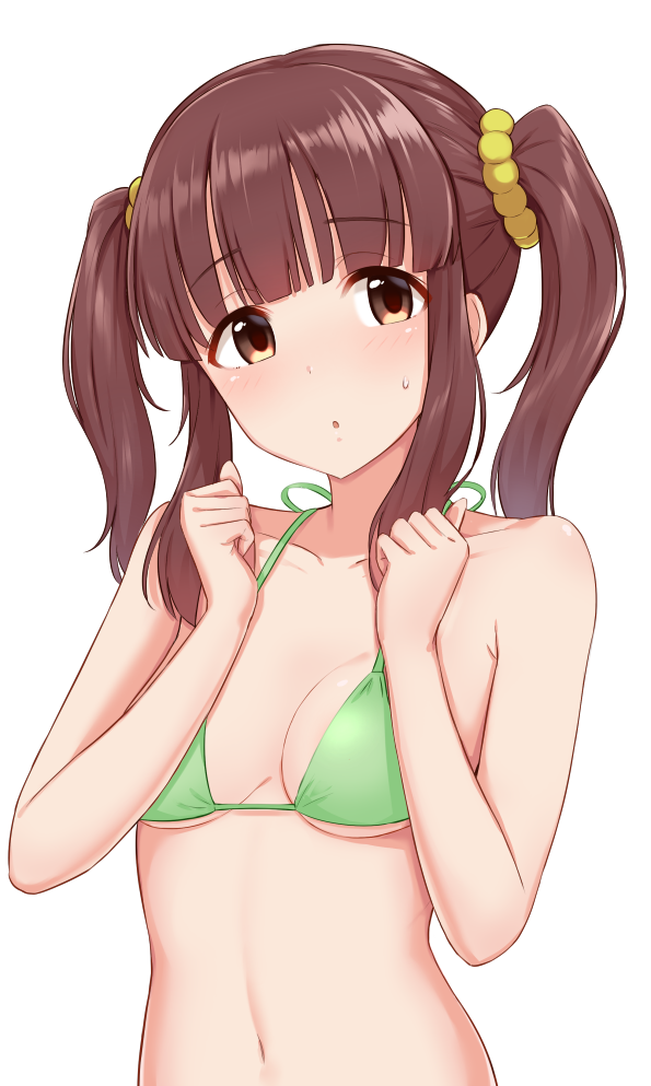 1girl :o bangs bare_arms bare_shoulders bikini blunt_bangs blush breasts brown_eyes brown_hair clenched_hands collarbone commentary eyebrows_visible_through_hair green_bikini hair_ornament hair_scrunchie halter_top halterneck hands_up head_tilt idolmaster idolmaster_cinderella_girls long_hair looking_at_viewer medium_breasts navel ogata_chieri parted_lips scrunchie sidelocks simple_background solo stomach string_bikini sweatdrop swimsuit tomajiyama twintails under_boob upper_body white_background yellow_scrunchie