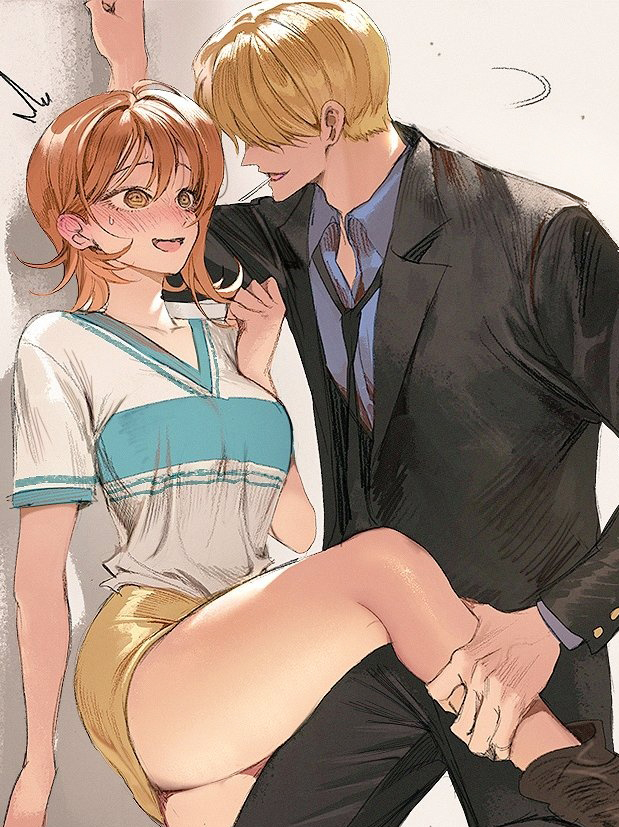 1boy 1girl @_@ black_suit blonde_hair blush candy closed_eyes food formal hetero leg_hold lollipop looking_at_another loose_necktie manly nami_(one_piece) necktie nervous_smile nose_blush one_piece orange_hair pinned role_reversal runa_(artist) sanji shirt short_hair short_sleeves skirt suit sweatdrop wall_slam white_shirt yellow_skirt