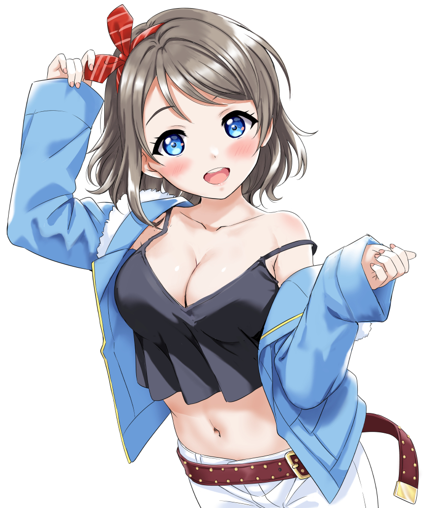 1girl :d arm_up bangs belt blue_eyes blue_jacket blush brown_hair camisole collarbone commentary_request cowboy_shot eyebrows_visible_through_hair hair_ribbon jacket long_sleeves looking_at_viewer love_live! love_live!_sunshine!! navel off_shoulder open_clothes open_jacket open_mouth red_ribbon ribbon round_teeth sankuro_(agoitei) short_hair simple_background single_bare_shoulder sleeves_past_wrists smile solo stomach strap_slip swept_bangs teeth upper_teeth watanabe_you white_background