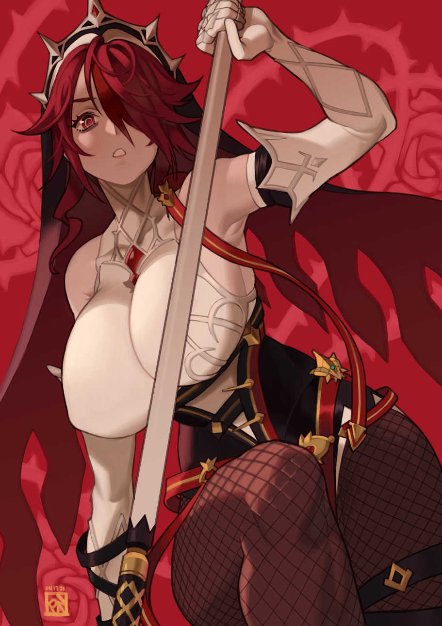 1girl armpits bare_shoulders breasts elbow_gloves fishnet_legwear fishnets flower genshin_impact gloves hair_over_one_eye highres holding holding_polearm holding_weapon large_breasts looking_at_viewer nun parted_lips poch4n polearm red_background red_eyes red_flower red_rose redhead rosaria_(genshin_impact) rose simple_background thorns veil weapon white_gloves