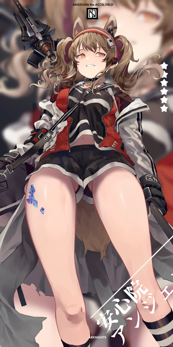 1girl angelina_(arknights) animal_ears arknights aroha_(aroha390) ass_visible_through_thighs bag between_breasts black_gloves black_shirt black_shorts blurry blurry_background breasts brown_eyes brown_hair character_name coat commentary cowboy_shot earpiece english_text eyelashes facing_viewer fox_ears fox_tail from_below gloves grin highres infection_monitor_(arknights) jacket kneehighs legs long_hair looking_to_the_side medium_breasts midriff midriff_peek navel off_shoulder open_clothes open_coat open_jacket oripathy_lesion_(arknights) red_jacket shirt short_shorts shorts shoulder_bag smile solo staff star_(symbol) strap_between_breasts striped striped_legwear tail thighs twintails unzipped white_coat zoom_layer
