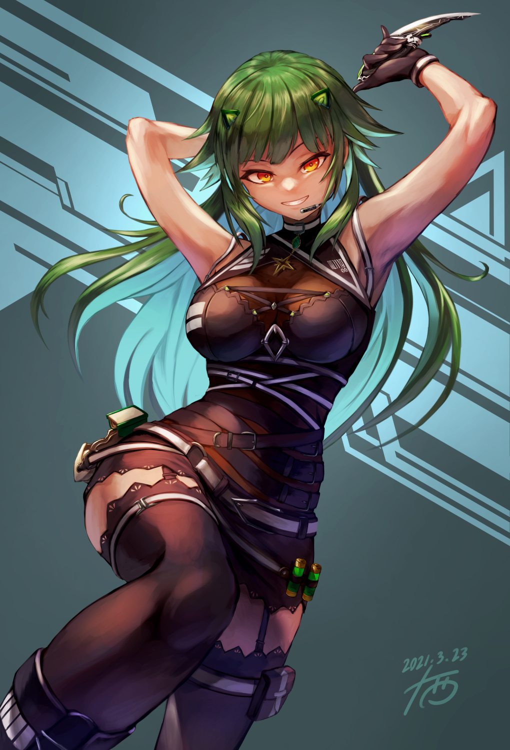 1girl armpits arms_behind_head bare_shoulders black_gloves black_legwear black_skirt boots breasts brown_bodysuit bustier dagger eyebrows_visible_through_hair gloves green_hair grin headset highres holster interface_headset juunishi_aya kitakouji_hisui large_breasts looking_at_viewer nijisanji official_alternate_costume orange_eyes pouch see-through skirt smile solo thigh-highs thigh_holster thigh_strap virtual_youtuber weapon