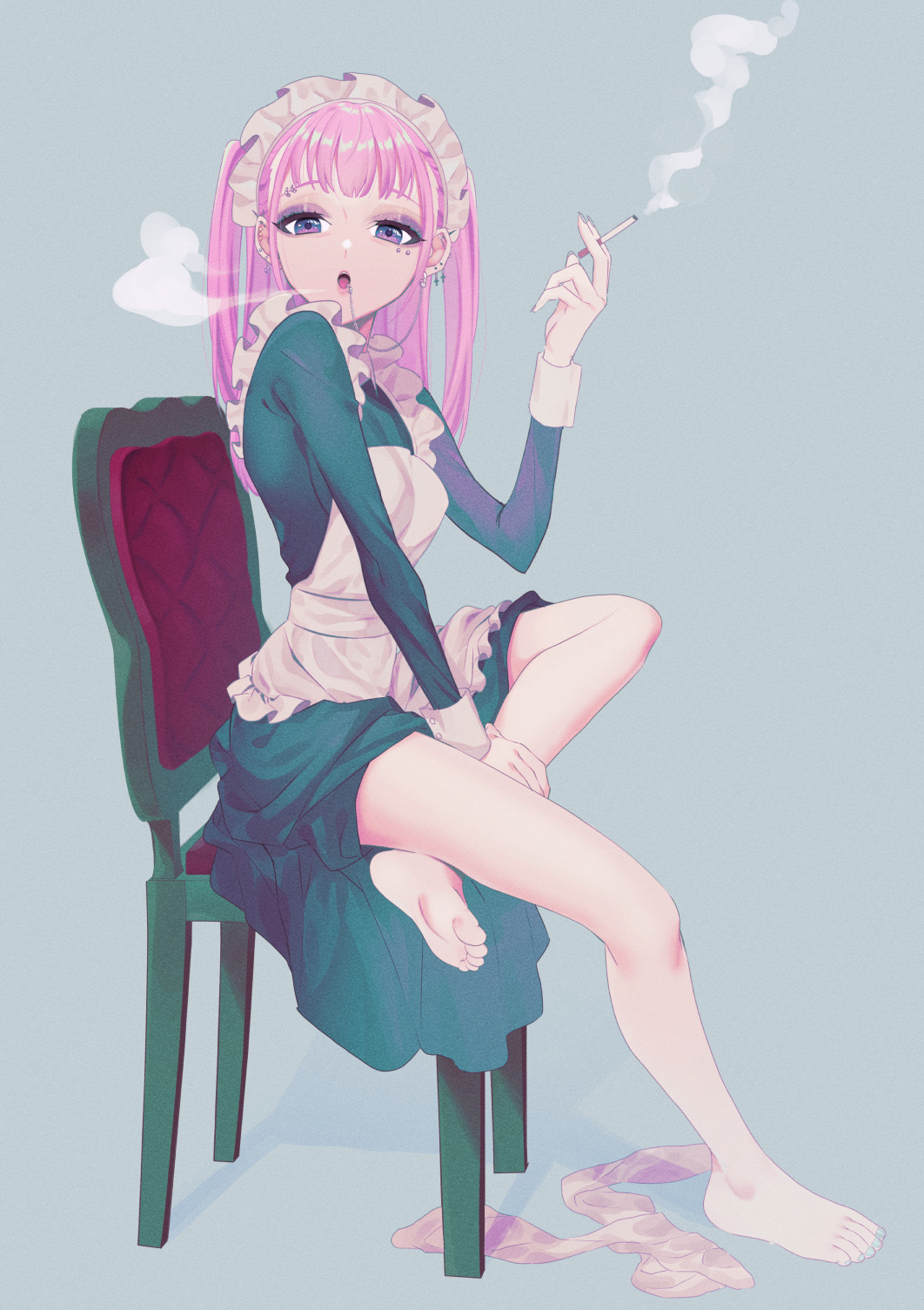 1girl 786(nayam) apron barefoot blue_nails breasts chair cigarette ear_piercing earrings eyeliner feet frills highres jewelry legwear_removed long_hair maid maid_apron maid_headdress makeup open_mouth original piercing purple_hair sitting smoking soles solo teeth toes violet_eyes