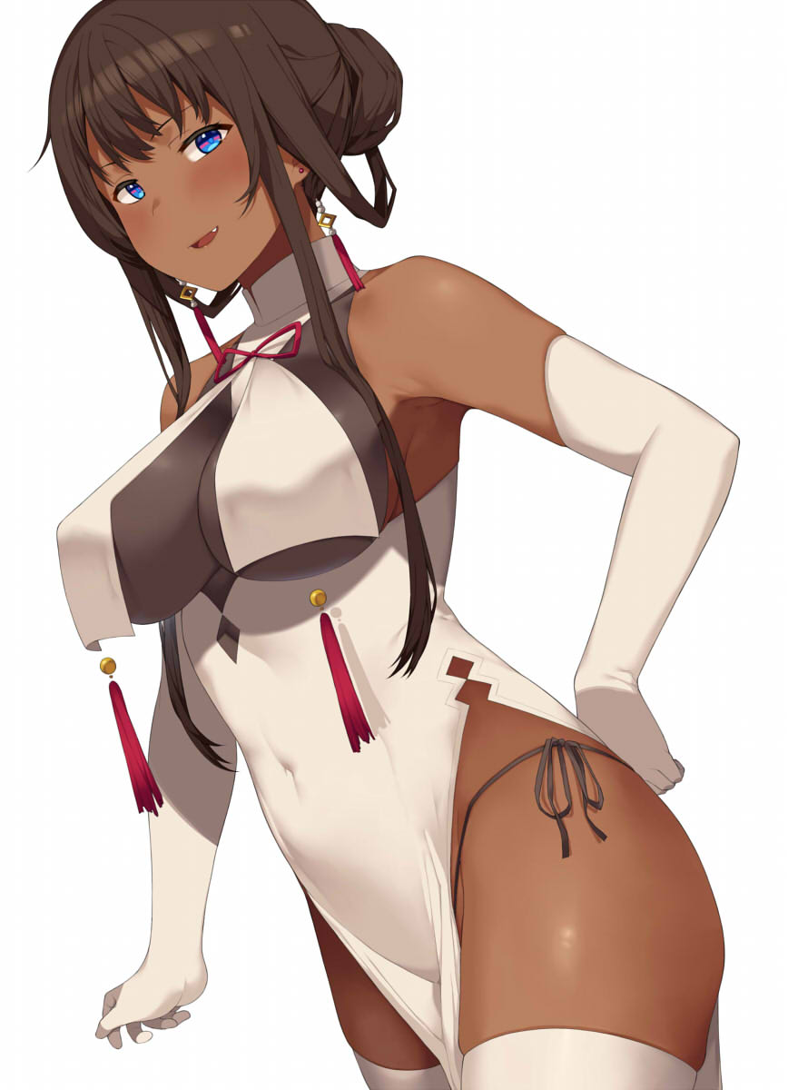 1girl black_hair black_panties blue_eyes breasts china_dress chinese_clothes covered_navel dark_skin dark-skinned_female dress elbow_gloves gloves hai_ookami hair_bun highres large_breasts original panties side-tie_panties sidelocks sleeveless sleeveless_dress solo string_panties thigh-highs underwear white_dress white_gloves white_legwear