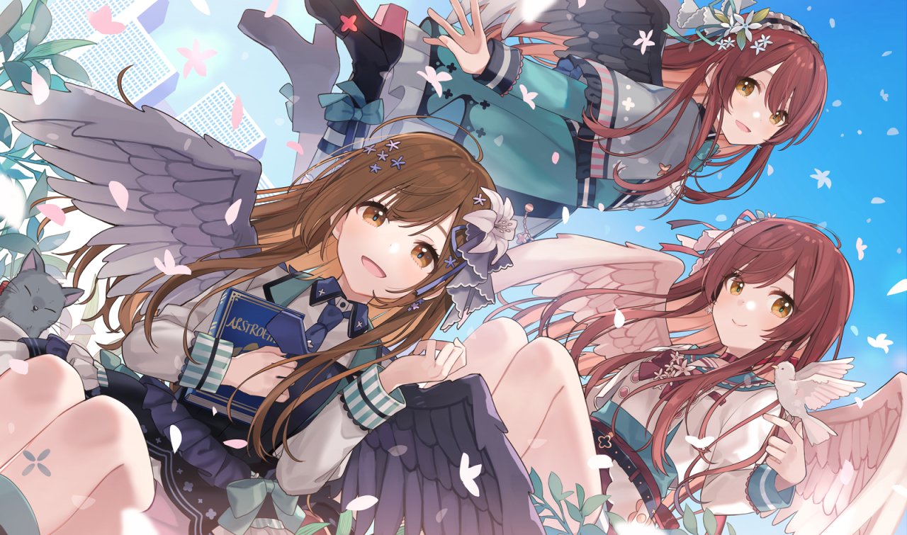 3girls :&gt; alstroemeria_(idolmaster) alternate_hairstyle bangs bare_legs belt bird bird_on_hand black_cat black_footwear blue_neckwear blue_ribbon blue_skirt blue_sky book boots bow brown_belt brown_hair cat chiri_(ch!) choker cityscape closed_mouth commentary crop_top dove dress feathered_wings feet_out_of_frame flower frilled_hairband frilled_skirt frills full_body green_bow green_dress green_shirt grey_wings hair_flower hair_ornament hair_ribbon hairband high_heel_boots high_heels holding holding_book idolmaster idolmaster_shiny_colors kuwayama_chiyuki long_hair long_sleeves looking_at_animal looking_at_viewer multiple_girls necktie oosaki_amana oosaki_tenka open_mouth outdoors petals pink_flower pink_ribbon redhead ribbon shirt siblings sidelocks sisters skirt sky smile swept_bangs symbol_commentary twins undershirt white_flower white_shirt white_skirt white_wings wings yellow_eyes