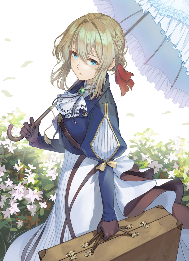 1girl ascot bangs blonde_hair blue_eyes blue_jacket braid breasts brooch brown_gloves dress english_commentary eyebrows_visible_through_hair feet_out_of_frame flower french_braid gloves hair_between_eyes hair_intakes hand_up holding holding_suitcase holding_umbrella jacket jewelry kws lily_(flower) long_sleeves looking_at_viewer medium_breasts red_ribbon ribbon sidelocks solo suitcase umbrella violet_evergarden violet_evergarden_(character) white_dress white_umbrella