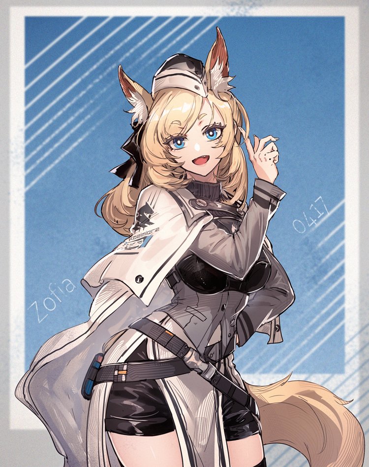 1girl :d animal_ear_fluff animal_ears arknights bangs belt black_headwear black_legwear black_shorts blonde_hair blue_background blue_eyes breasts character_name clothes_writing commentary_request contrapposto eyebrows_visible_through_hair eyelashes framed_breasts garrison_cap hand_on_hip hand_up hat horse_ears horse_girl horse_tail index_finger_raised large_breasts long_sleeves looking_at_viewer open_mouth ryuuzaki_ichi short_shorts shorts smile solo swept_bangs tail thigh-highs whislash_(arknights)