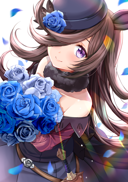 1girl animal_ears bare_shoulders black_dress blue_flower blue_rose blush bouquet brown_hair closed_mouth collarbone dagger detached_collar dress flipped_hair flower from_above fur_collar hair_over_one_eye hat hat_flower holding holding_bouquet horse_ears horse_girl horse_tail izumi_akane long_hair looking_at_viewer petals rice_shower_(umamusume) rose sheath smile solo strapless strapless_dress tail tilted_headwear umamusume upper_body weapon