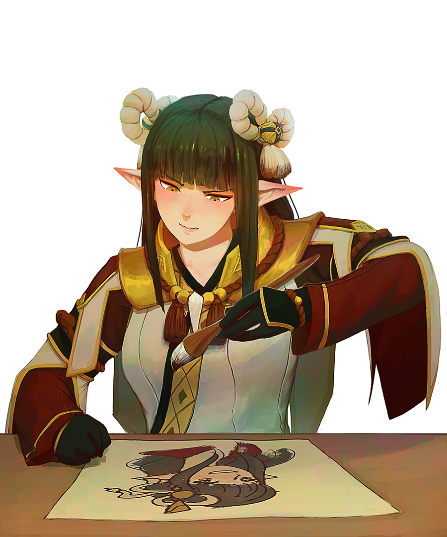 1girl bangs black_gloves black_hair blunt_bangs blush breasts brush closed_mouth eyebrows_visible_through_hair fewer_digits gloves hair_ornament hinoa japanese_clothes long_hair minoto monster_hunter_(series) monster_hunter_rise paiting pencil pointy_ears sidelocks solo wafferscotch yellow_eyes