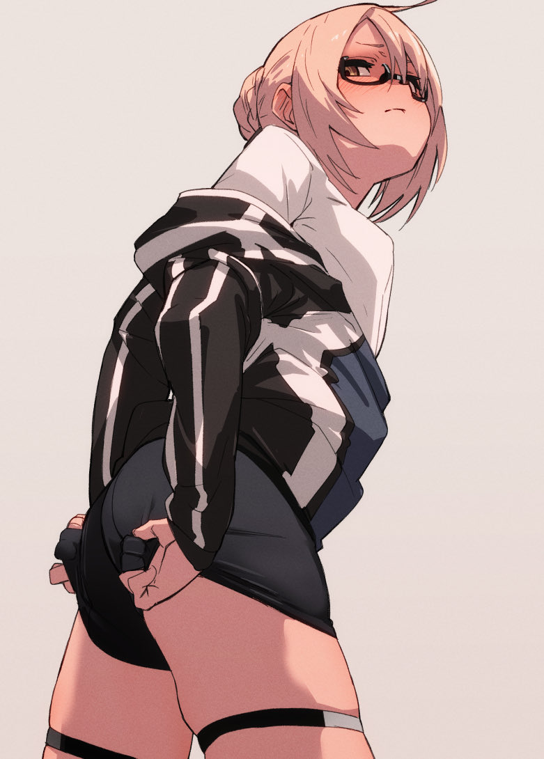 1girl ahoge artoria_pendragon_(all) bangs bike_shorts black_jacket black_shorts blonde_hair blush braid braided_bun clothes_pull cowboy_shot fate/grand_order fate_(series) from_below fu-ta glasses grey_background hood hooded_jacket jacket mysterious_heroine_x_(alter)_(fate) off_shoulder shirt shorts shorts_pull simple_background skindentation solo thigh_strap white_shirt yellow_eyes