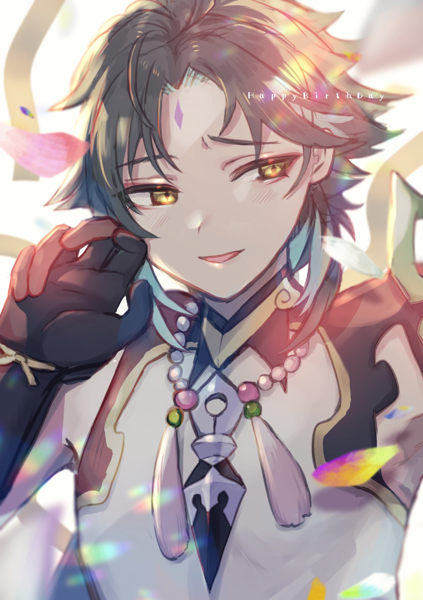 1boy armor asymmetrical_clothes bangs bead_necklace beads black_gloves black_hair blush diamond-shaped_pupils diamond_(shape) english_text eyebrows_visible_through_hair eyeshadow facial_mark forehead_mark genshin_impact gloves green_hair happy_birthday highres jewelry ksyrs looking_to_the_side makeup male_focus multicolored_hair necklace open_mouth parted_bangs pendant petals red_eyeshadow short_hair_with_long_locks shoulder_armor shoulder_pads simple_background single_bare_shoulder slit_pupils smile solo symbol-shaped_pupils tassel two-tone_hair white_background xiao_(genshin_impact) yellow_eyes