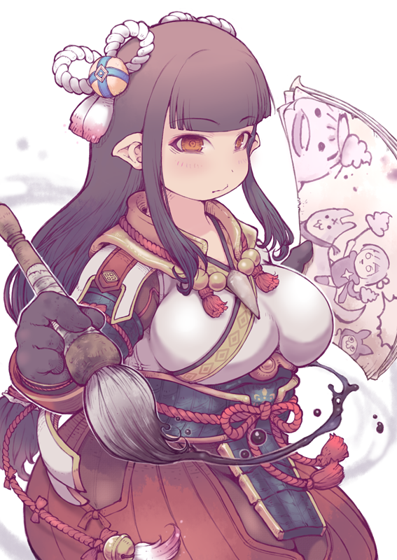 1girl bangs black_gloves black_hair blunt_bangs breasts brush canyne closed_mouth eyebrows_visible_through_hair felyne gloves hair_ornament ibukichi japanese_clothes kamura_(armor) large_breasts long_hair looking_at_viewer minoto monster_hunter_(series) monster_hunter_rise painting_(object) pointy_ears siblings sidelocks sisters yellow_eyes
