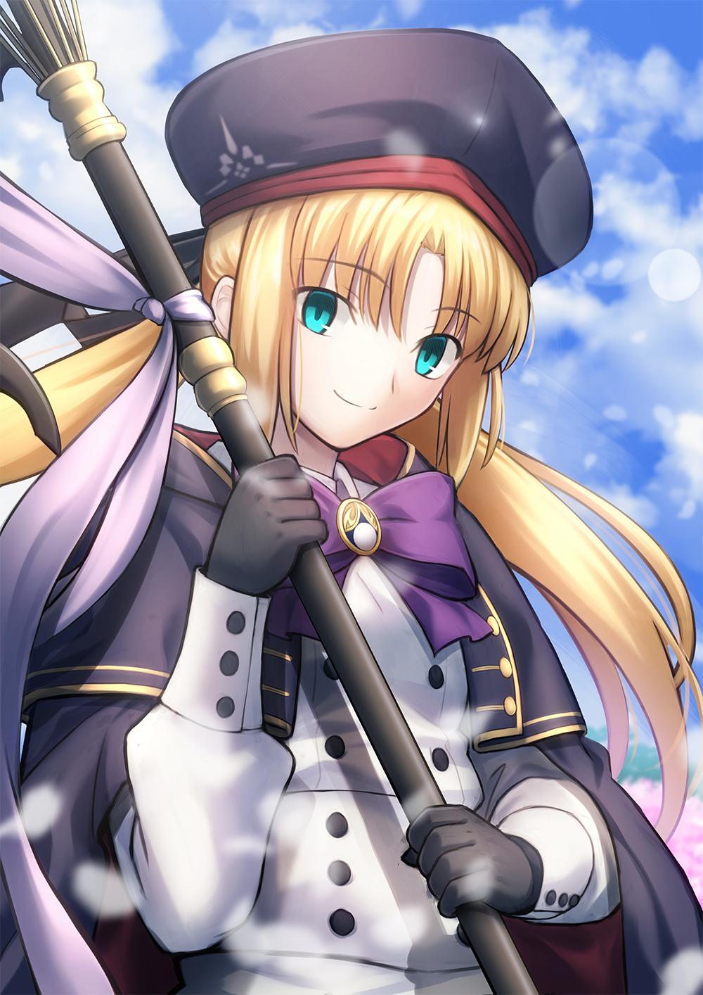 1girl artoria_pendragon_(all) artoria_pendragon_(caster)_(fate) blonde_hair blue_sky blurry bokeh buttons cape clouds cowboy_shot depth_of_field double-breasted eyebrows_visible_through_hair fate/grand_order fate_(series) green_eyes hat highres long_hair looking_at_viewer migiha neck_ribbon purple_ribbon ribbon sky smile solo staff twintails type-moon