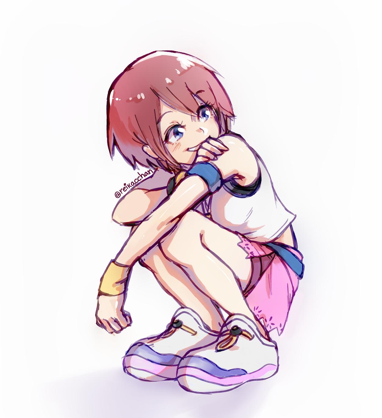 1girl blue_eyes highres kairi_(kingdom_hearts) kingdom_hearts redhead short_hair simple_background skirt sleeveless smile solo white_background