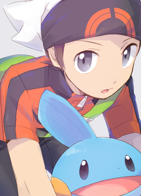 1boy :o backpack bag beanie black_pants brendan_(pokemon) brown_hair commentary_request green_bag grey_eyes hat holding holding_pokemon looking_at_viewer male_focus mudkip niimura_(csnel) open_mouth orange_shirt pants pokemon pokemon_(creature) pokemon_(game) pokemon_oras shirt short_hair short_sleeves white_headwear zipper_pull_tab