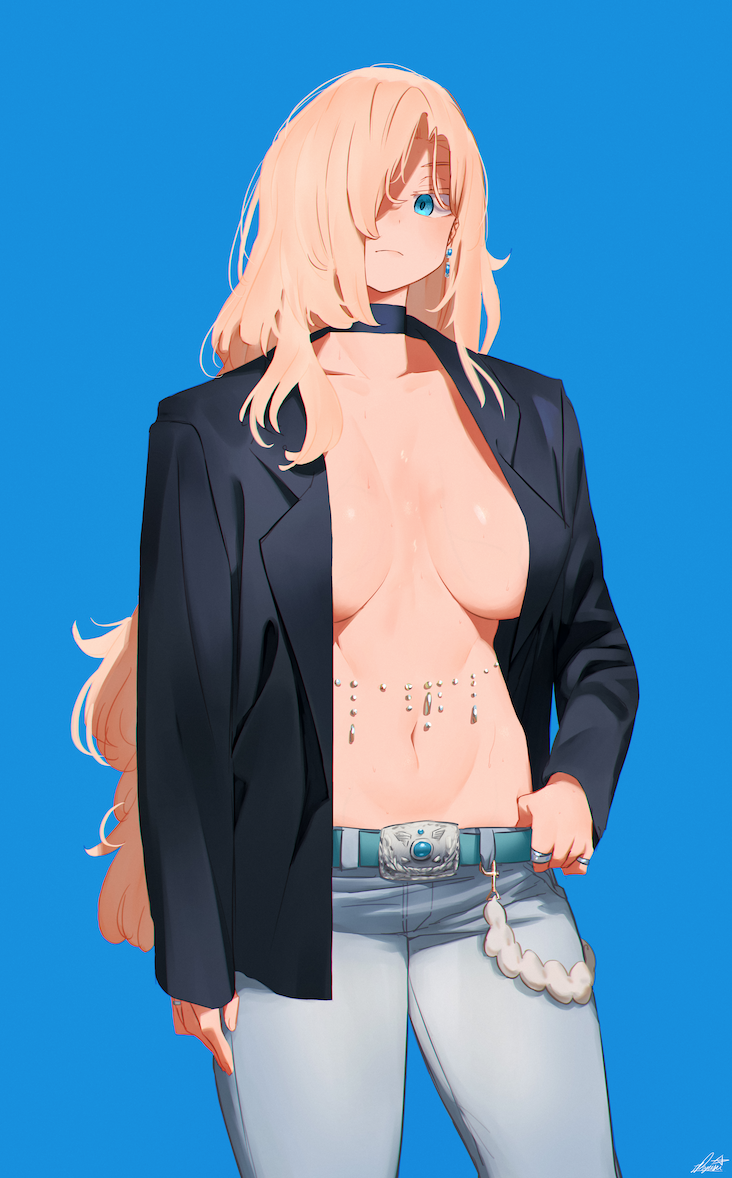 1girl belt blazer blonde_hair blue_background blue_eyes breasts choker denim earrings hair_over_one_eye jacket jeans jewelry large_breasts long_hair looking_at_viewer miami-chan_(ryusei_hashida) navel original pants ring ryusei_hashida simple_background solo