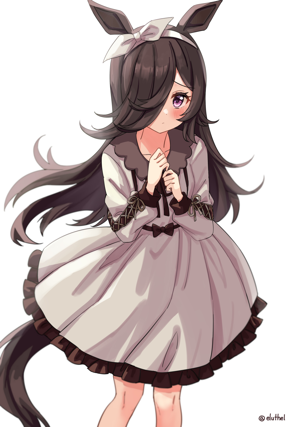 1girl animal_ears bangs black_hair black_ribbon blush closed_mouth collared_dress commentary_request dress eluthel eyebrows_visible_through_hair feet_out_of_frame frilled_dress frills grey_dress hair_over_one_eye hands_up highres horse_ears horse_girl horse_tail long_hair long_sleeves looking_at_viewer neck_ribbon pleated_dress puffy_long_sleeves puffy_sleeves ribbon rice_shower_(umamusume) simple_background solo standing tail twitter_username umamusume very_long_hair violet_eyes white_background