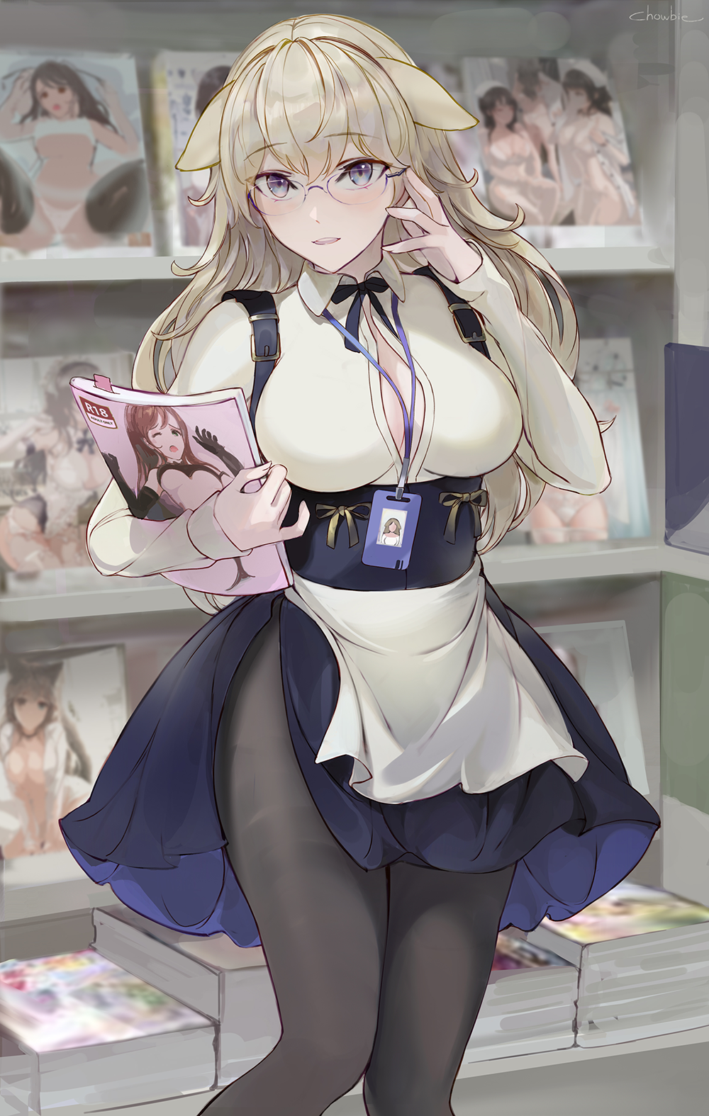 1girl animal_ears apron bangs black_legwear blonde_hair blue_dress blue_eyes blush breasts chowbie cropped_legs dress eyebrows_visible_through_hair glasses hand_on_eyewear highres id_card indoors large_breasts light_smile long_sleeves looking_at_viewer manga_(object) original pantyhose parted_lips pornography shop smile solo standing white_apron