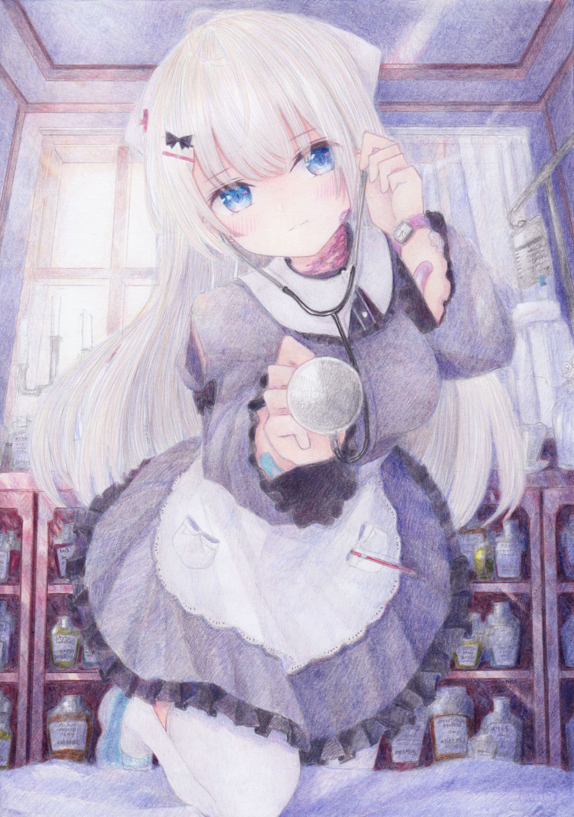 1girl apron bandaid blue_eyes blush breasts closed_mouth colored_pencil_(medium) darkkanan dress eyebrows_visible_through_hair frilled_dress frills grey_dress hat highres indoors large_breasts long_hair looking_at_viewer nurse nurse_cap original pinafore_dress scared solo stethoscope thigh-highs traditional_media watch white_hair white_legwear