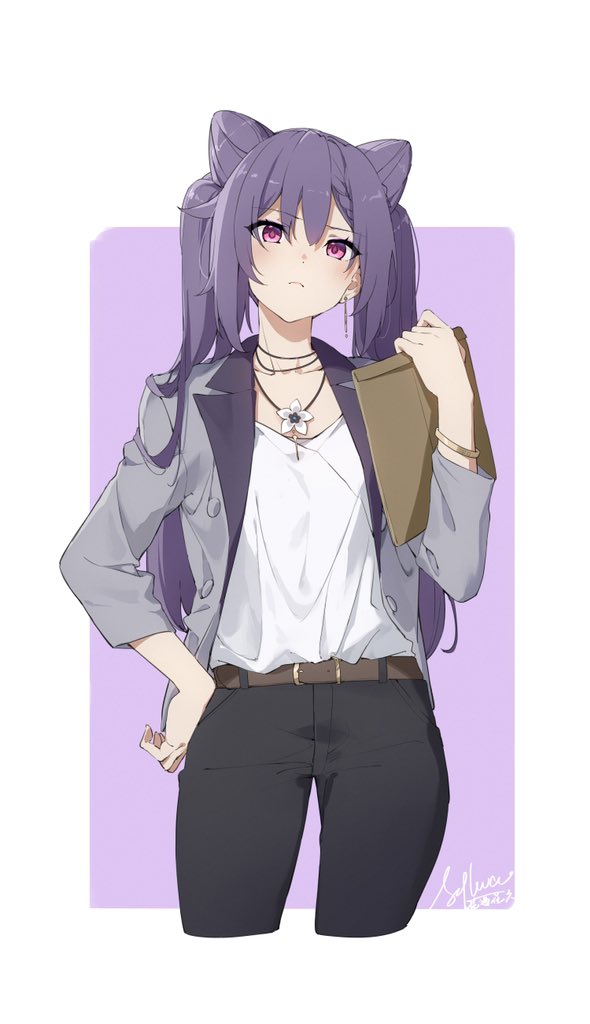 1girl bangle bangs belt bracelet breasts closed_mouth collarbone commentary_request earrings english_commentary envelope eyebrows_visible_through_hair flower genshin_impact hair_cones hand_on_hip holding holding_envelope jacket jewelry keqing_(genshin_impact) long_hair long_sleeves looking_at_viewer necklace purple_background purple_hair purple_jacket shirt simple_background slyvia solo twintails violet_eyes white_background white_flower white_shirt