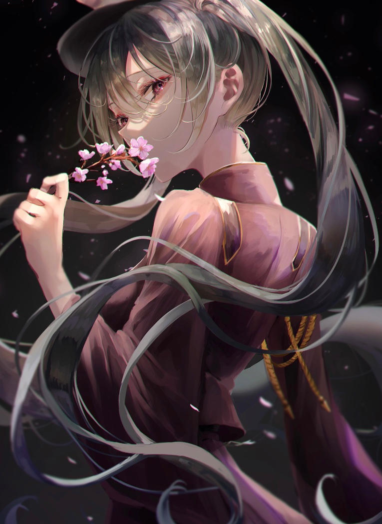 1girl black_background branch cherry_blossoms commentary covering_mouth falling_petals floating_hair flower_over_mouth green_hair half-closed_eyes hat hatsune_miku holding holding_branch jacket japanese_clothes jiao_fulun long_hair looking_at_viewer looking_back military military_hat military_uniform petals purple_headwear purple_jacket red_eyes senbon-zakura_(vocaloid) solo uniform upper_body very_long_hair vocaloid wide_sleeves