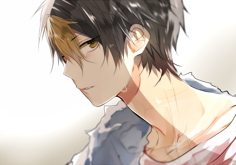 1boy bangs black_hair brown_eyes gradient gradient_background haikyuu!! male_focus multicolored_hair nishinoya_yuu parted_lips poni_(rito) shaded_face short_hair simple_background solo streaked_hair towel two-tone_hair upper_body wet wet_hair