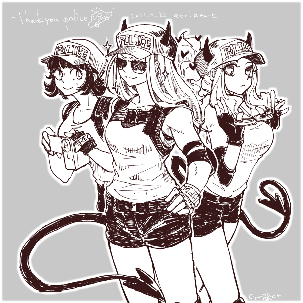 3girls azazel_(helltaker) border breasts camera commentary cuffs dated demon_tail fingerless_gloves frown gloves grey_background greyscale hand_on_hip handcuffs hat helltaker holding holding_camera horns justice_(helltaker) long_hair medium_breasts modeus_(helltaker) monochrome multiple_girls official_alternate_costume police police_hat police_uniform policewoman ponytail root_12047841 short_hair shorts small_breasts smile sparkle sunglasses tail uniform white_border