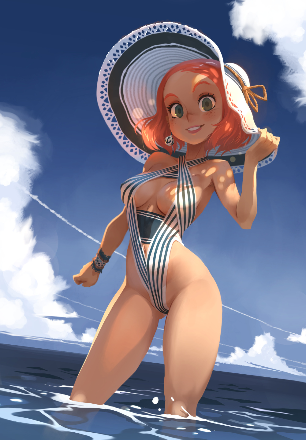 1girl blue_sky blush breasts breasts_apart cleavage_cutout clothing_cutout clouds cloudy_sky earrings freckles hand_on_headwear hand_up hat highleg highleg_swimsuit highres horizon jewelry looking_at_viewer medium_breasts one-piece_swimsuit orange_hair original parted_lips partially_submerged shadow short_hair sky smile solo striped striped_swimsuit swimsuit water xavier_houssin