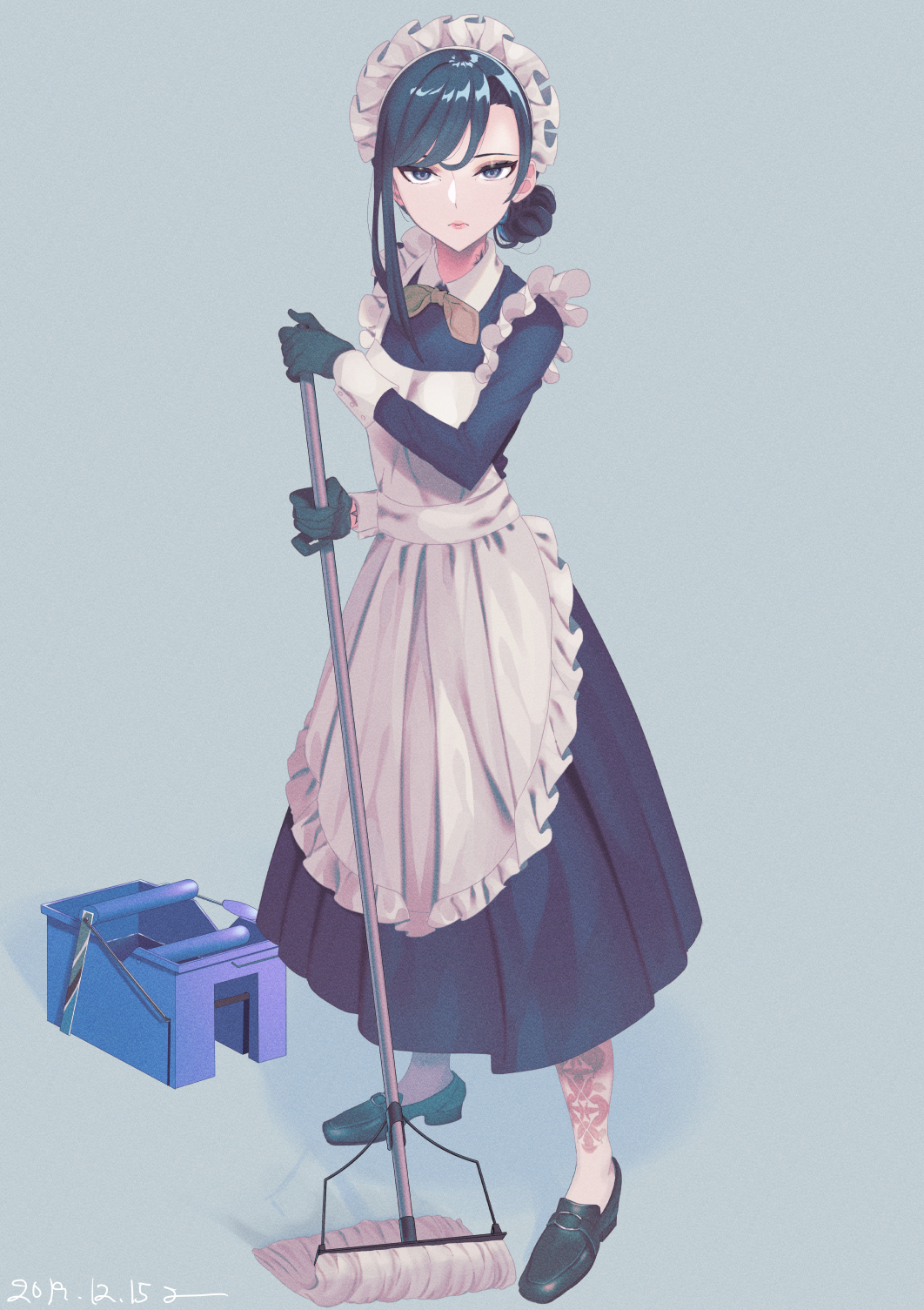 1girl 786(nayam) apron bangs black_eyes black_gloves blue_background breasts bucket full_body gloves hair_bun highres holding holding_mop looking_at_viewer maid maid_apron maid_headdress mop original simple_background solo violet_eyes white_legwear