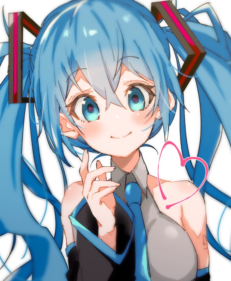 1girl aqua_eyes aqua_hair aqua_neckwear bare_shoulders black_sleeves bokarokaku commentary detached_sleeves grey_shirt hair_ornament hand_up hatsune_miku heart heart_in_eye long_hair looking_at_viewer necktie shirt shoulder_tattoo sleeveless sleeveless_shirt smile solo symbol_in_eye tattoo twintails upper_body vocaloid white_background