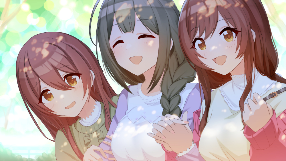 3girls :d ^_^ arm_grab bangs black_hair blush braid breasts brown_eyes brown_hair center_frills closed_eyes commentary_request eyebrows_visible_through_hair frills girl_sandwich green_sweater hair_between_eyes hair_over_one_eye holding_hands idolmaster idolmaster_shiny_colors interlocked_fingers jacket kuwayama_chiyuki long_hair long_sleeves medium_breasts multiple_girls o_(rakkasei) off_shoulder oosaki_amana oosaki_tenka open_clothes open_jacket open_mouth pink_jacket puffy_long_sleeves puffy_sleeves sandwiched shirt siblings single_braid sisters sleeves_past_wrists smile sweater upper_body white_shirt