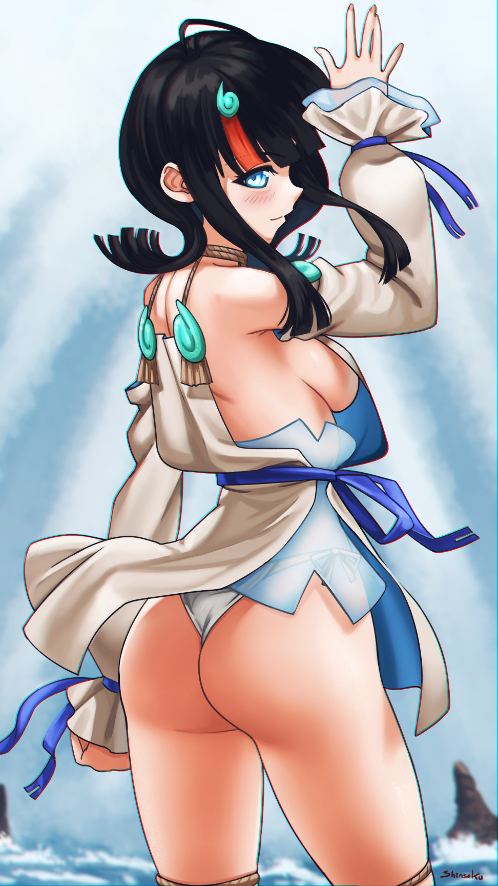 1girl ass back bangs bare_shoulders black_hair blue_eyes blue_ribbon blush breasts dress fate/grand_order fate/requiem fate_(series) fundoshi highres japanese_clothes jewelry large_breasts long_sleeves looking_at_viewer magatama magatama_hair_ornament magatama_necklace medium_hair multicolored_hair necklace pelvic_curtain pink_hair puffy_long_sleeves puffy_sleeves ribbon shinsaku_(stan-art) short_dress sideboob sideless_outfit smile streaked_hair thighs utsumi_erise wading water white_dress