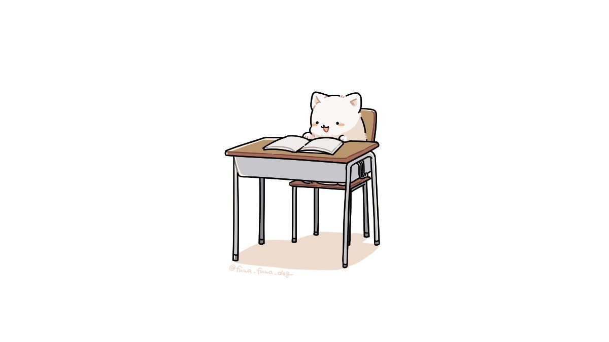 :3 animal animal_focus artist_name black_eyes blush_stickers book chair desk dog fluffy fuwa_fuwa_dog no_humans open_book open_mouth original school_chair school_desk shadow simple_background sitting solid_circle_eyes solo twitter_username white_background