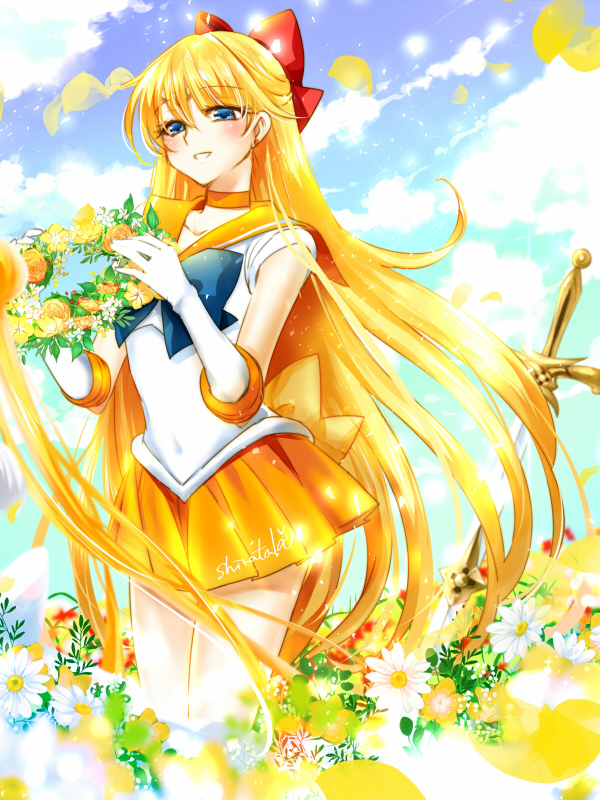 1girl artist_name back_bow bishoujo_senshi_sailor_moon blonde_hair blue_neckwear bow choker collarbone collared_shirt daisy day elbow_gloves field floating_hair flower flower_field gloves hair_bow head_wreath holding long_hair miniskirt orange_choker outdoors pleated_skirt red_bow sailor_collar sailor_senshi_uniform sailor_shirt sailor_venus shiny shiny_hair shirataki_kaiseki shirt skirt solo very_long_hair white_flower white_gloves white_shirt yellow_bow yellow_flower yellow_sailor_collar yellow_skirt