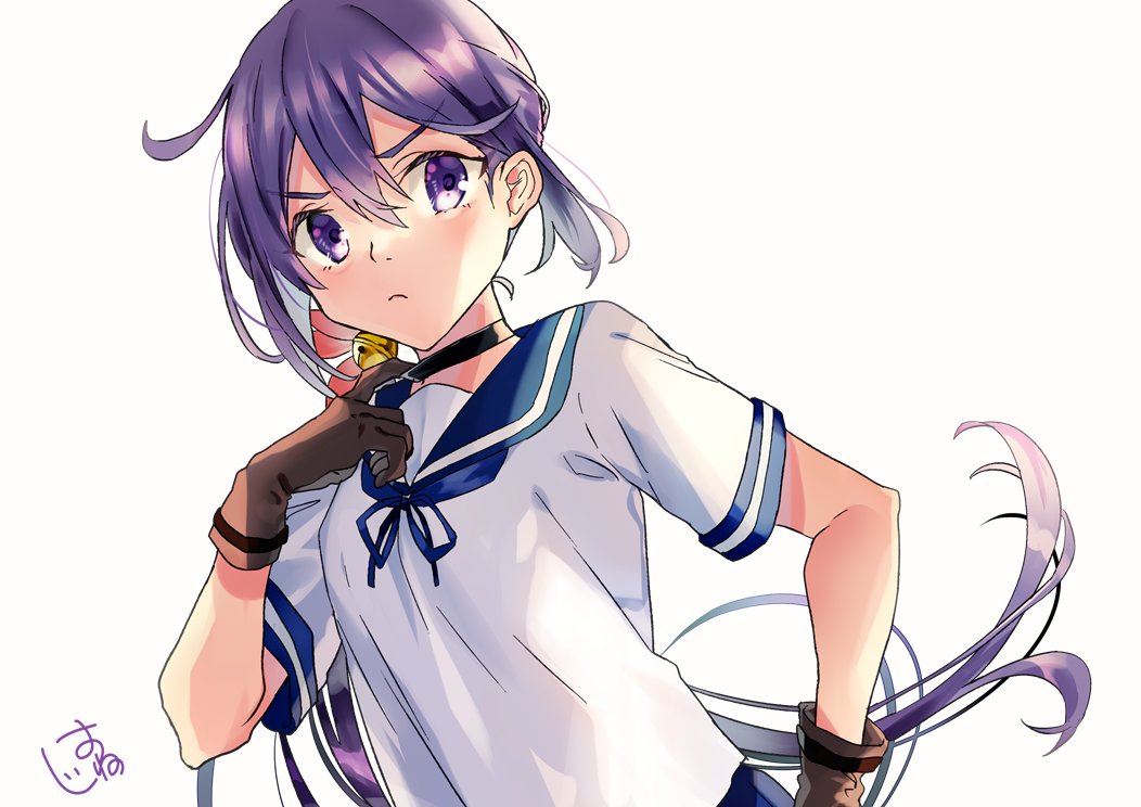 1girl akebono_(kancolle) bell blue_sailor_collar blush brown_gloves closed_mouth eyebrows_visible_through_hair flower gloves hair_bell hair_between_eyes hair_flower hair_ornament jingle_bell kantai_collection long_hair oriharaizaya819 pink_flower purple_hair remodel_(kantai_collection) sailor_collar school_uniform serafuku side_ponytail signature simple_background solo upper_body violet_eyes white_background