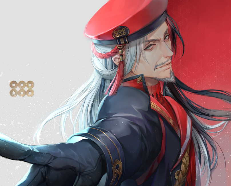 1boy black_gloves facial_hair gloves goatee grey_eyes long_hair looking_at_viewer male_focus mustache pointing pointing_at_viewer red_headwear sanada_masayuki sengoku_musou silver_hair solo tassel two-tone_background upper_body yoshicha