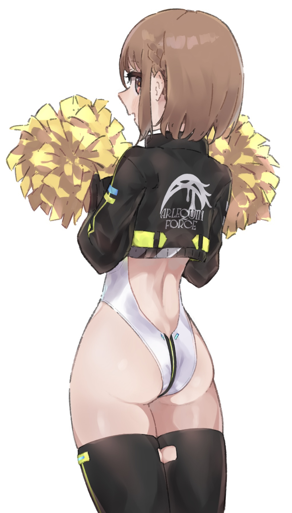 1girl :d alice_gear_aegis ass backless_leotard black_jacket black_legwear braid brown_hair clothes_writing cropped_jacket epi_zero from_behind hands_up highleg highleg_leotard highres jacket leotard long_sleeves looking_at_viewer looking_back open_mouth pom_poms red_eyes short_hair simple_background smile solo sutegoro_shiina thigh-highs white_background white_leotard