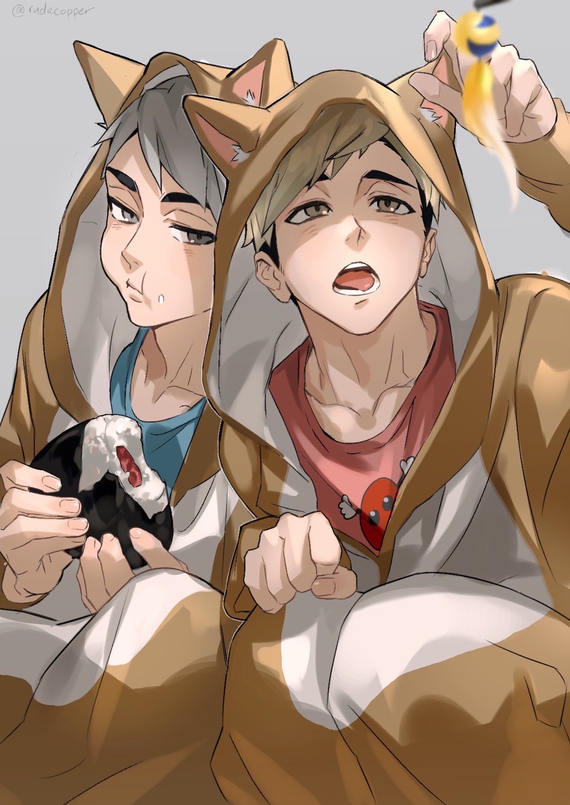 2boys animal_costume arm_up bangs blurry blush brothers brown_eyes brown_hair eating food food_on_face fox_costume green_hair grey_background grey_eyes haikyuu!! highres holding keki_chogyegi looking_at_viewer looking_up male_focus miya_atsumu miya_osamu multiple_boys open_mouth shaded_face short_hair siblings simple_background twins